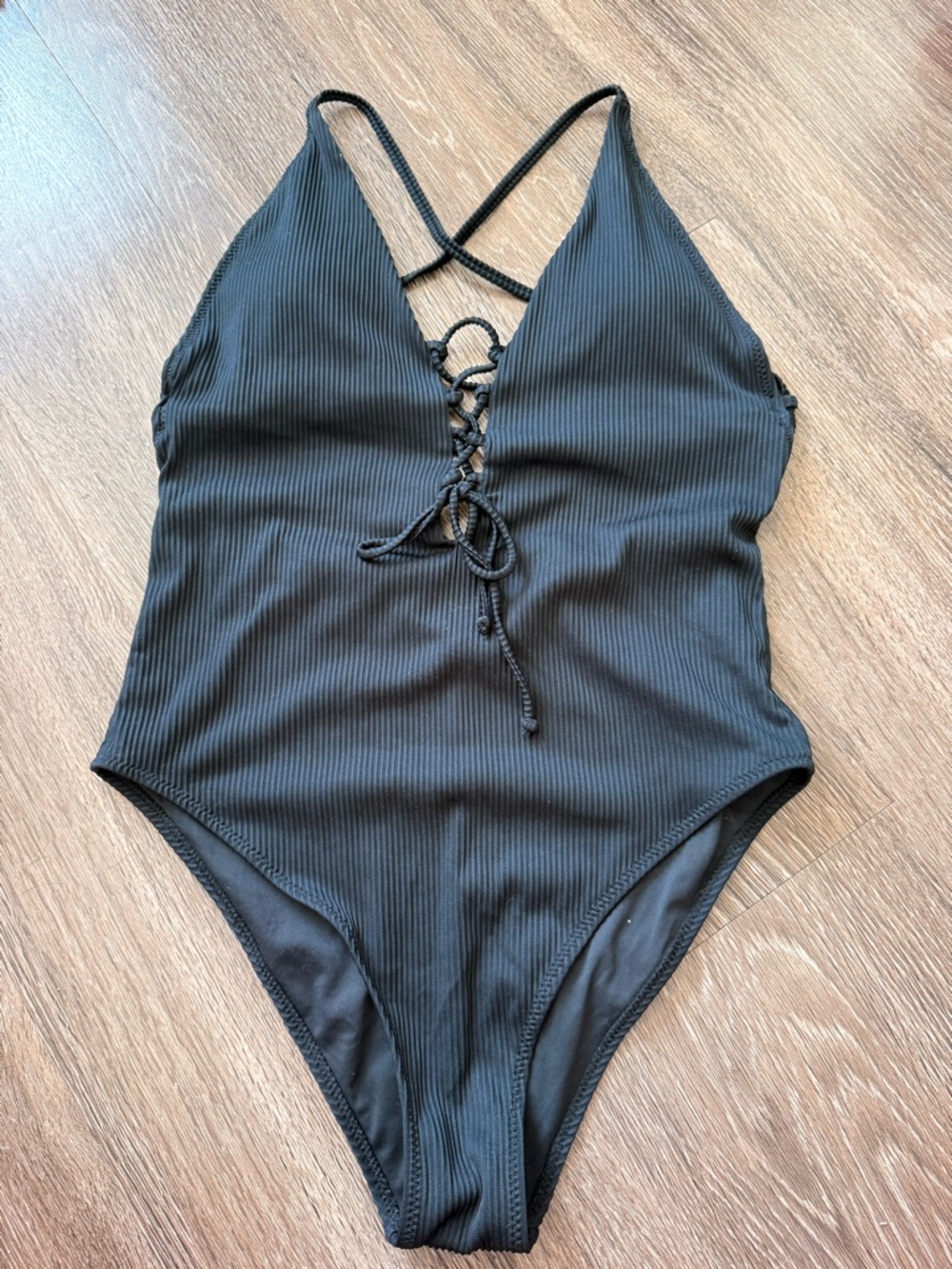 SHEIN Black Ribbed Lace-Up Crossback One-Piece Swimsuit